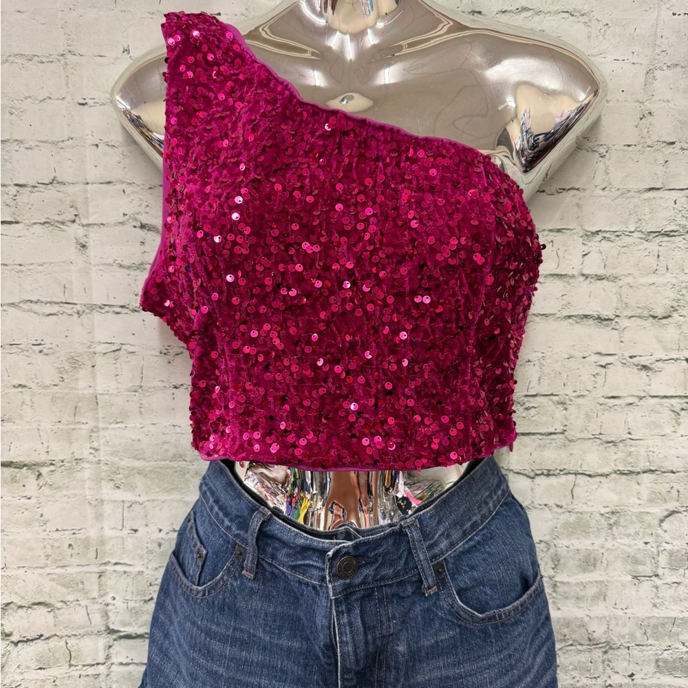 Sequin One-Shoulder Pink Top